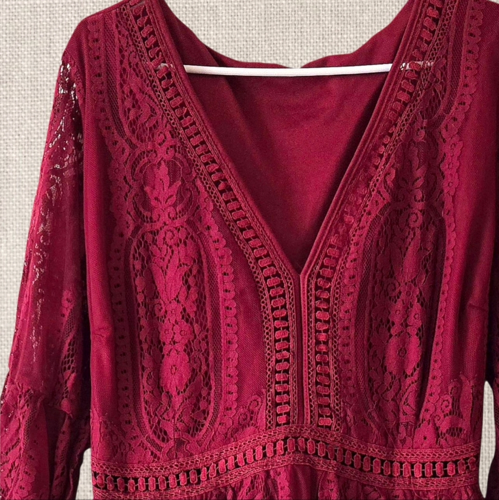 Cranberry Red Lace Maxi Dress Event Holiday Wedding V-neck Ruffled Sleeve Plus - Picture 8 of 11